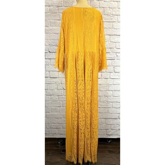 Womens Boho Maxi Floral Lace Boho Party Dress V Neck Flowy Long‎ Yellow Size 20 - Picture 8 of 16